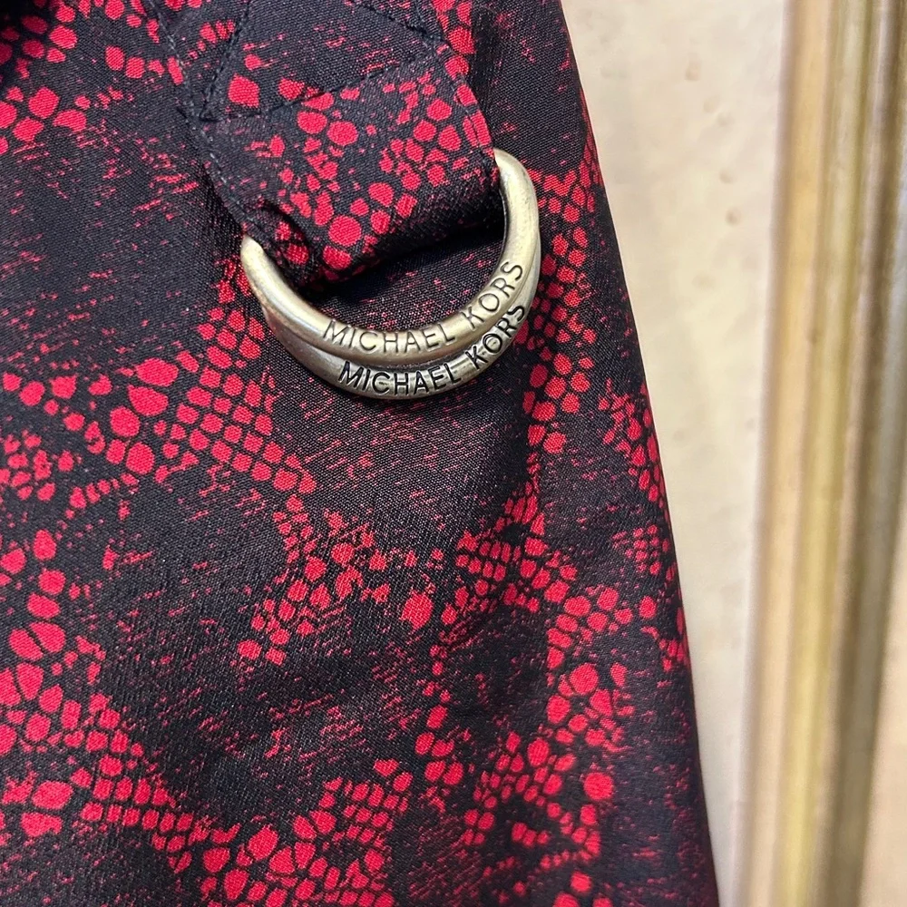 Michael Kors Red & Black Abstract Lace Print Smocked Waist Blouse